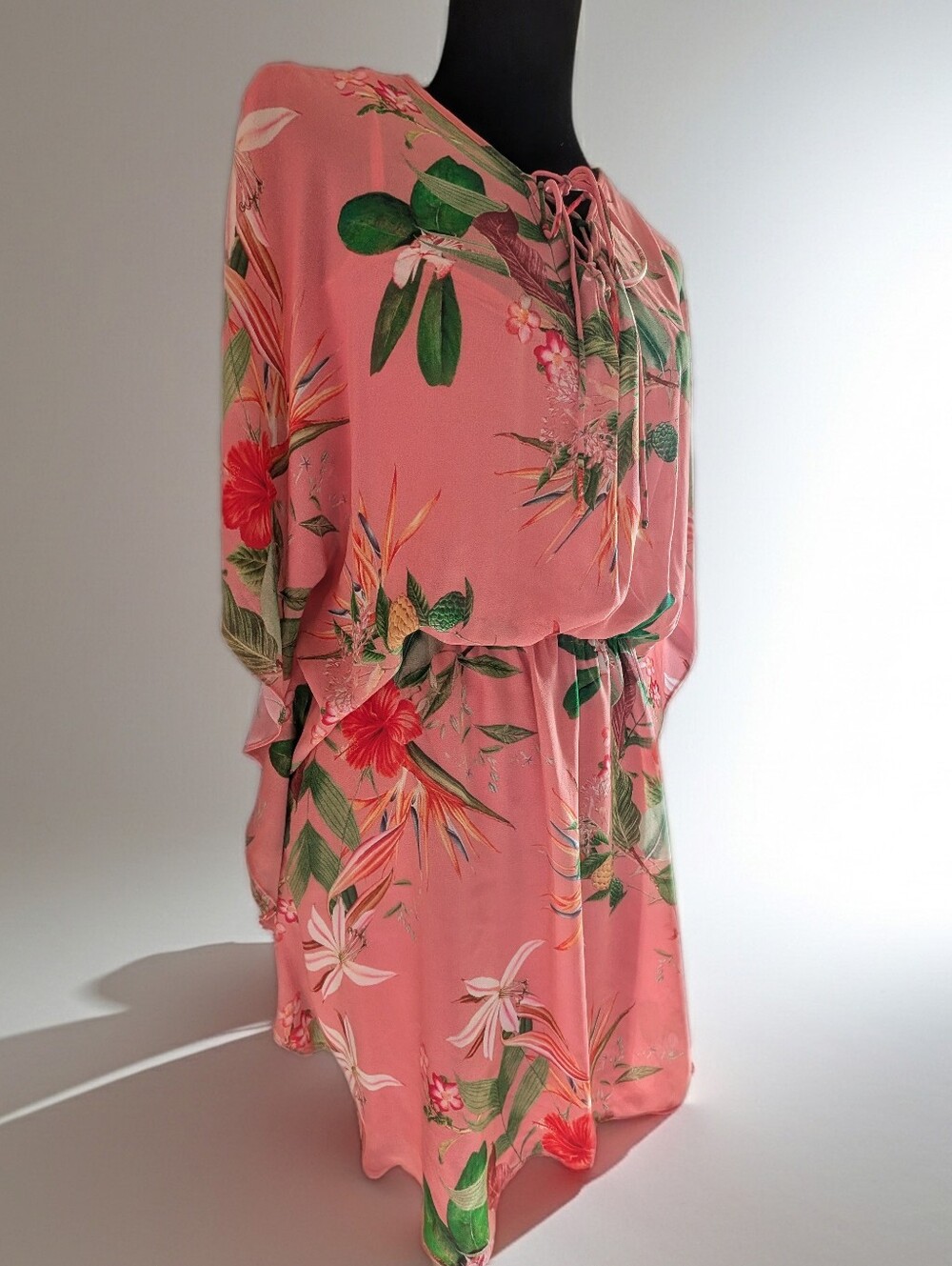 Express Coral Pink Floral Sheer Blouse Dress Asymmetrical SzM (A11) - Picture 2 of 4